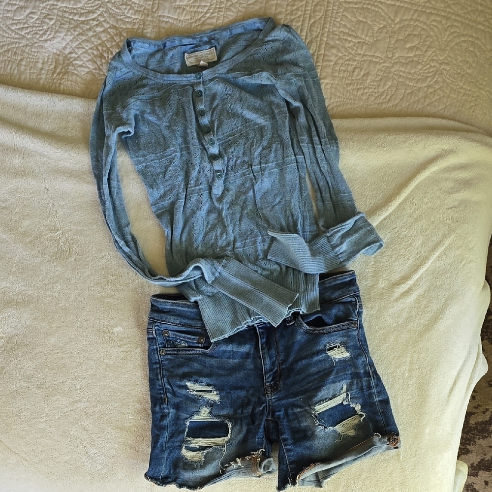 Blue Button-Up Sweater and Distressed Denim Shorts